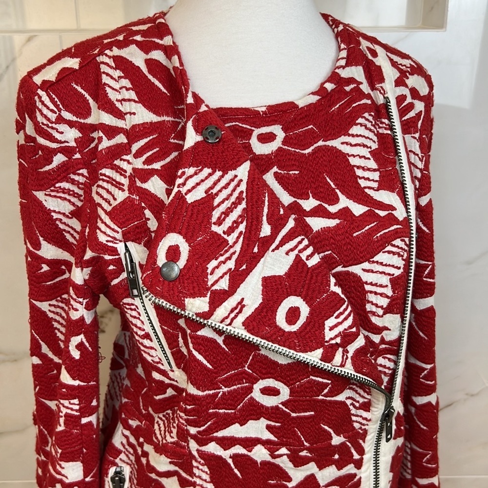 Free People Devil’s Alley Red and White embroidered moto jacket